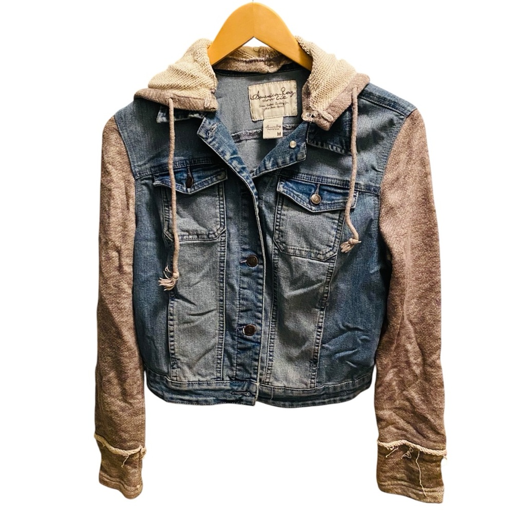 American Rag Cie Knit Sleeve Hooded Denim Jacket Size Medium